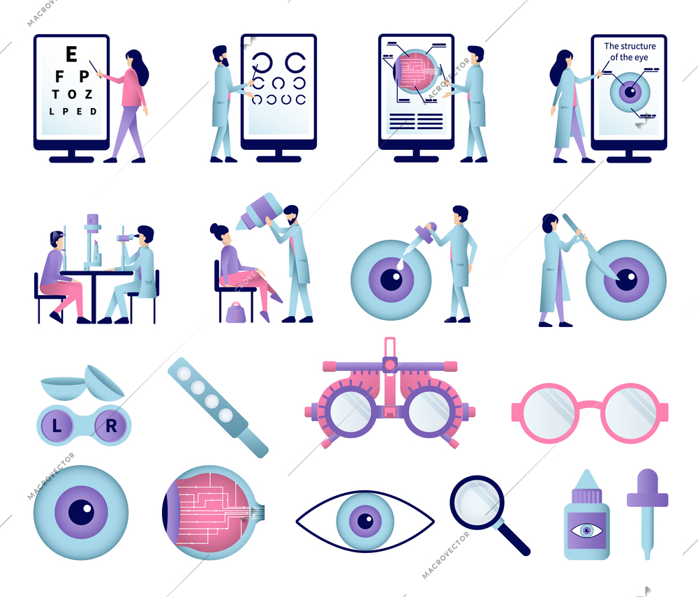 Set of isolated ophthalmology flat icons with eye sight test equipment glasses lenses and eye drops vector illustration