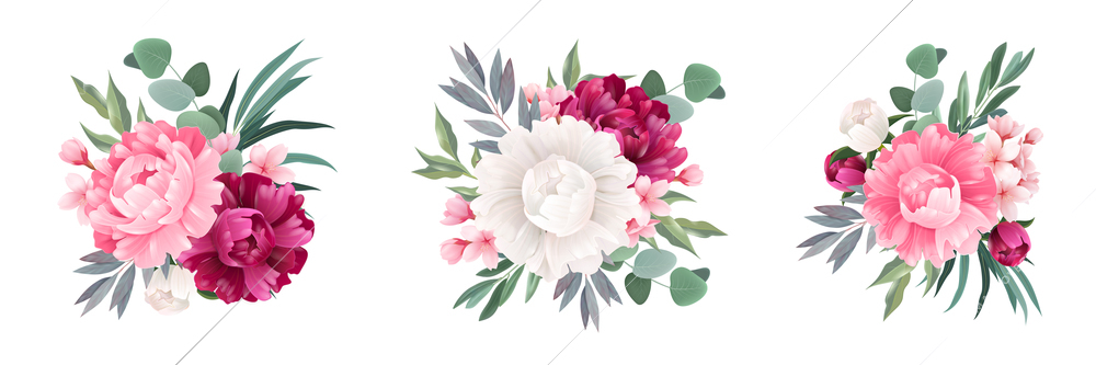 Eucalyptus bouquet realistic set with leaves and flowers isolated vector illustration