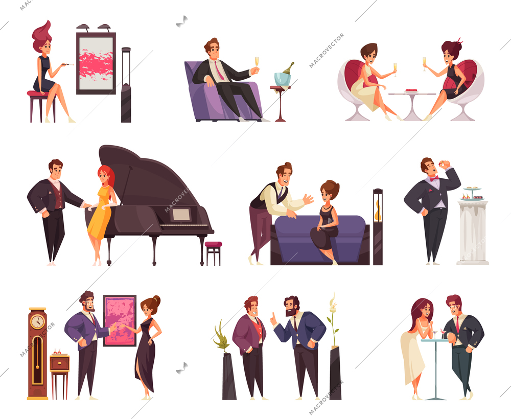 Rich people flat set of men and women characters in interior with furniture on white background vector illustration