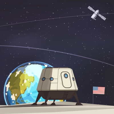 Space exploration composition with lunar rover and artificial earth satellite flying against starry sky flat vector illustration