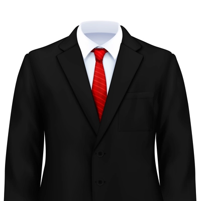 Mans suit realistic composition with isolated image of smart costume with white shirt tie and jacket vector illustration