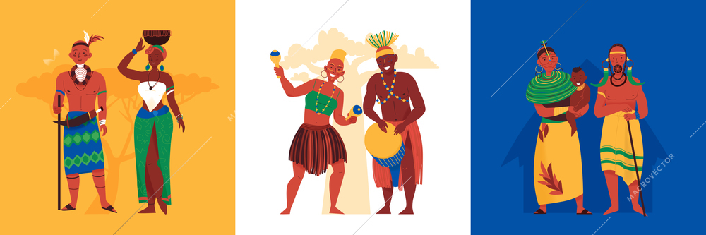 Africa design concept with set of square compositions with black african people characters wearing traditional costumes vector illustration