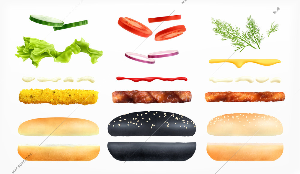 Burger constructor realistic set of isolated icons with images of buns and ingredients for cooking burgers vector illustration