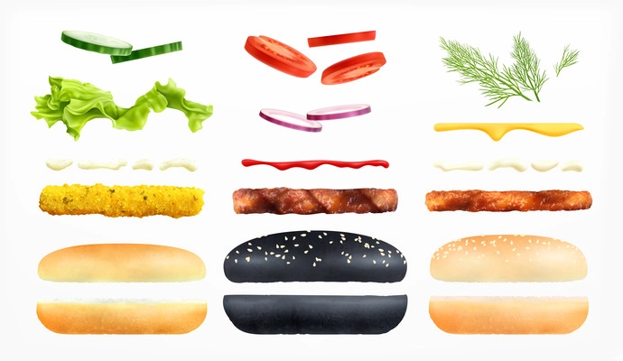 Burger constructor realistic set of isolated icons with images of buns and ingredients for cooking burgers vector illustration