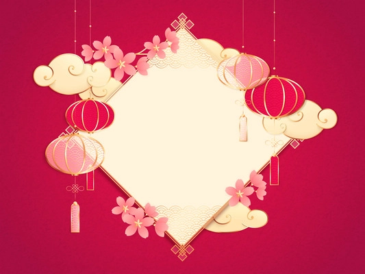 Chinese new year composition with empty lozenge shaped frame surrounded by clouds flowers and red lanterns vector illustration