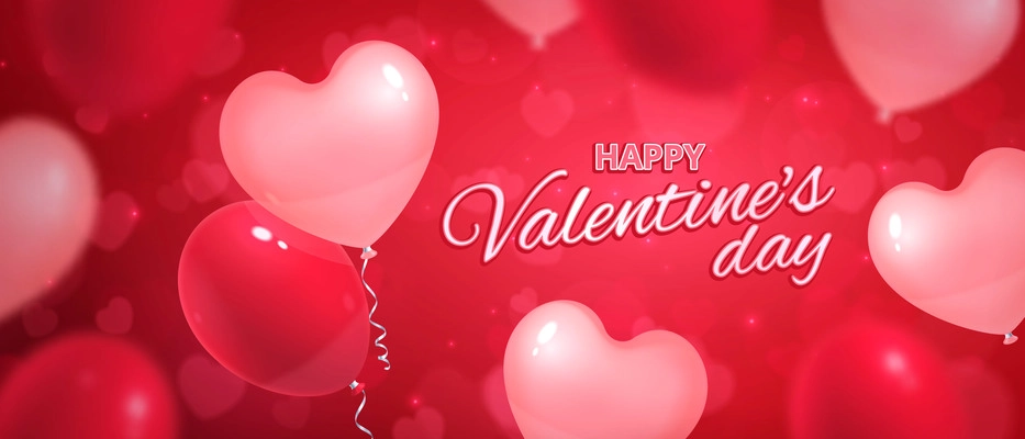 Valentines day hearts horizontal composition with realistic images of balloons blurred hearts and editable ornate text vector illustration