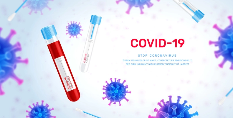 Coronavirus vaccine test realistic background with composition of text flying test tubes and colorful virus icons vector illustration