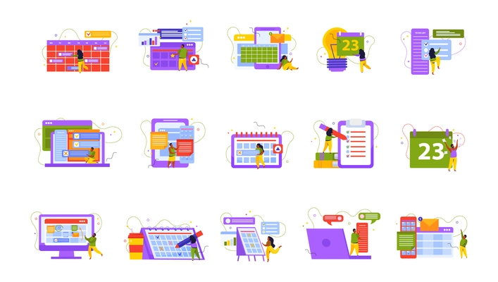 Planning and scheduling flat recolor set of isolated icons with calendars organizer applications gadgets and people vector illustration