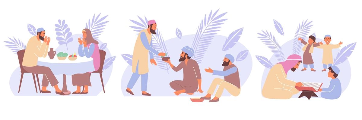 Set of three ramadan compositions with exotic leaves and human characters of muslims during monthly activities vector illustration