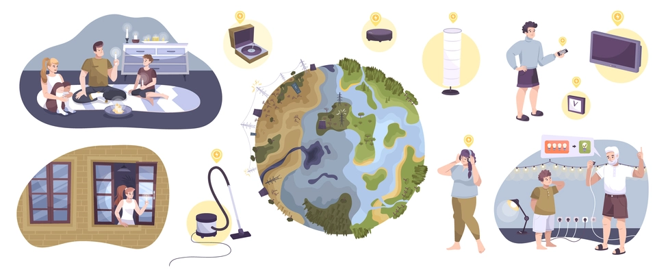 Electricity flat icon set use of funds for energy savings helping to preserve the earths ecology vector illustration