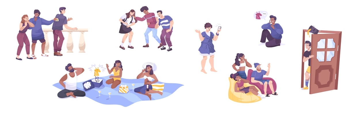 All fools set with flat icons and doodle style characters of laughing people making funny pranks vector illustration