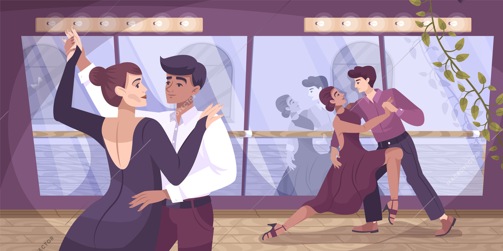 Dancer ballroom flat composition with pair of dancers couple in training room with lights and mirrors vector illustration