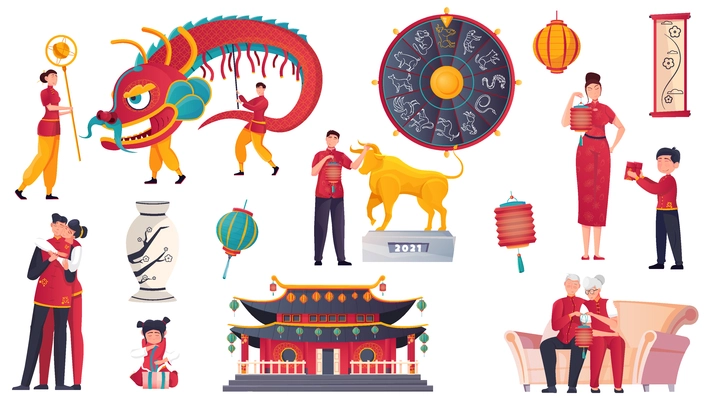 Chinese new year flat icons set with people traditional holiday symbols and decorations isolated vector illustration