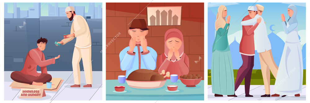 Flat compositions set with muslims doing charity praying before iftar greeting during ramadan isolated vector illustration