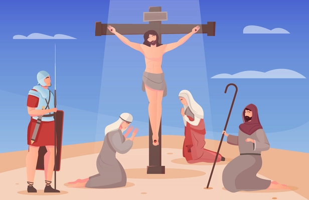 Jesus christ crucified on cross and people on their knees around him flat vector illustration
