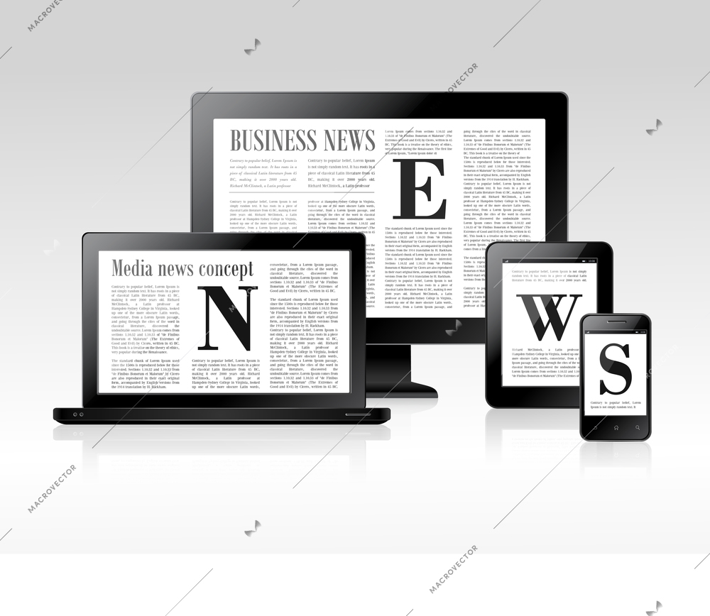 Media business news concept with pc laptop tablet smartphone vector illustration