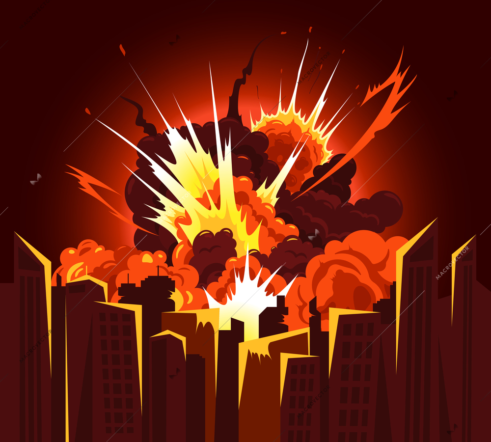 Atomic bomb explosion bang producing fiery debris clouds with bright heat glow colors cityscape background vector illustration