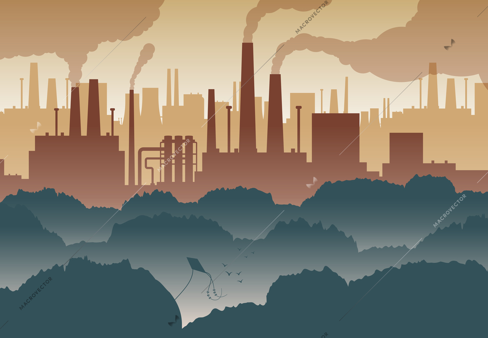 Flat background with green trees and numerous factory chimneys polluting air vector illustration