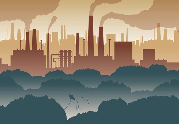 Flat background with green trees and numerous factory chimneys polluting air vector illustration