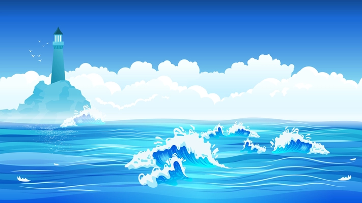 Flat background with blue sea waves lighthouse sky clouds vector illustration