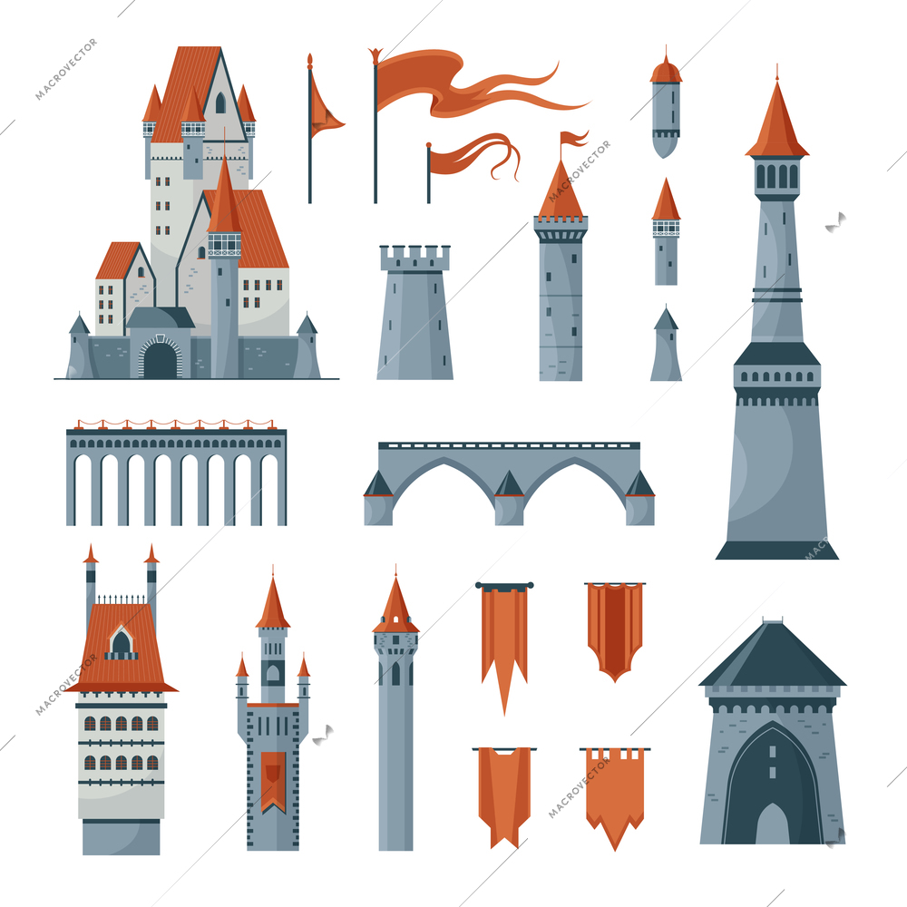 Flat icons set of medieval castle towers flags isolated on white background vector illustration