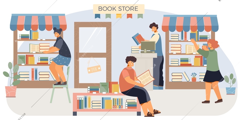 Book shop flat composition four people in a book store stand at the shelves and read vector illustration