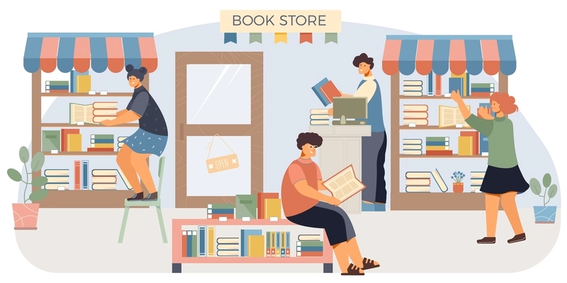 Book shop flat composition four people in a book store stand at the shelves and read vector illustration