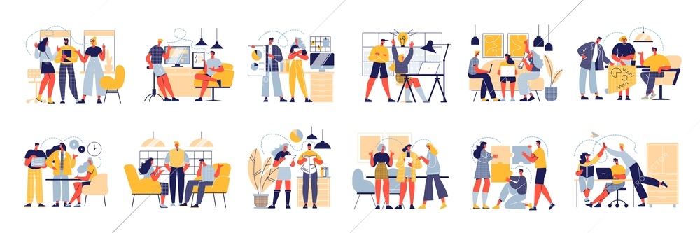 Successful team set of isolated icons with office interior elements and doodle style characters of coworkers vector illustration