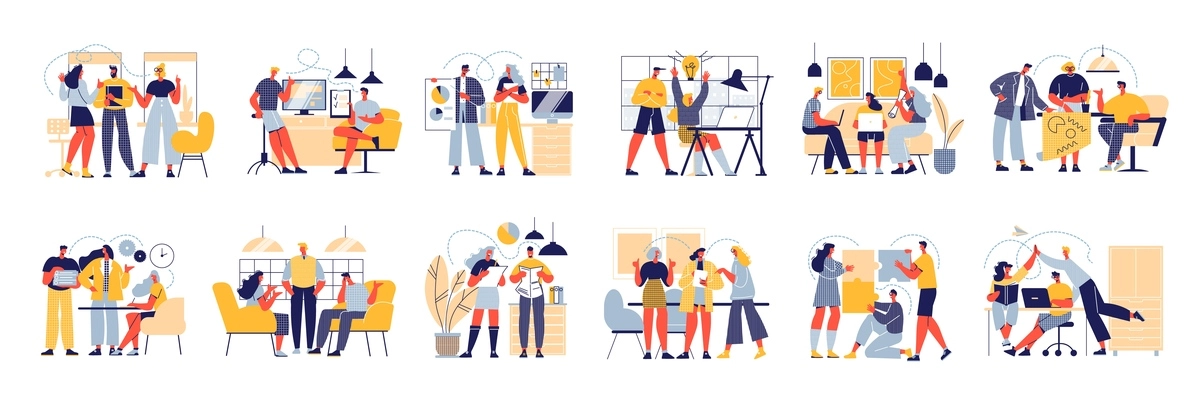 Successful team set of isolated icons with office interior elements and doodle style characters of coworkers vector illustration