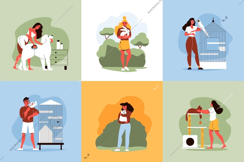 People pets design concept with six square compositions of dogs cats birds and rabbit with masters vector illustration