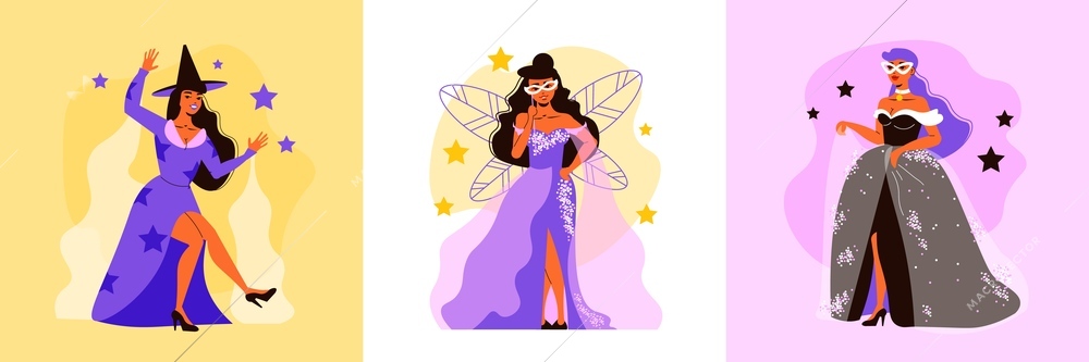 Carnival design concept with three square compositions with female characters of fairy in dress with stars vector illustration