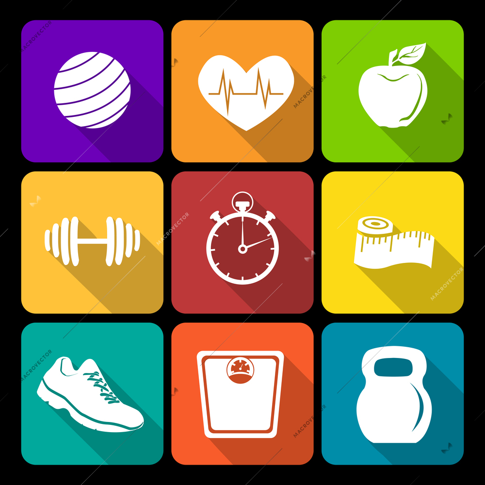 Fitness bodybuilding diet exercise flat icons set isolated vector illustration