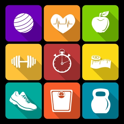 Fitness bodybuilding diet exercise flat icons set isolated vector illustration