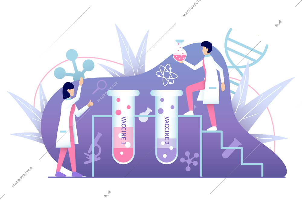 Flat design composition with coronavirus vaccine and characters of virologists vector illustration