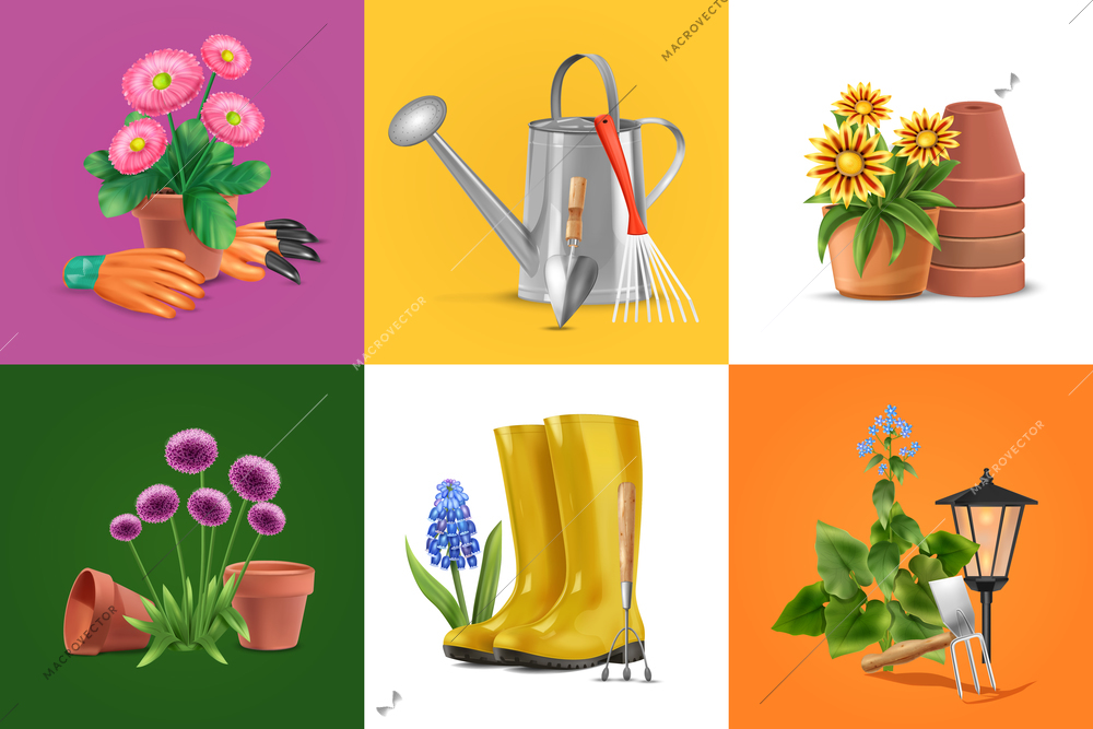 Realistic garden design concept with set of square compositions with flowers in pots waterpot and boots vector illustration