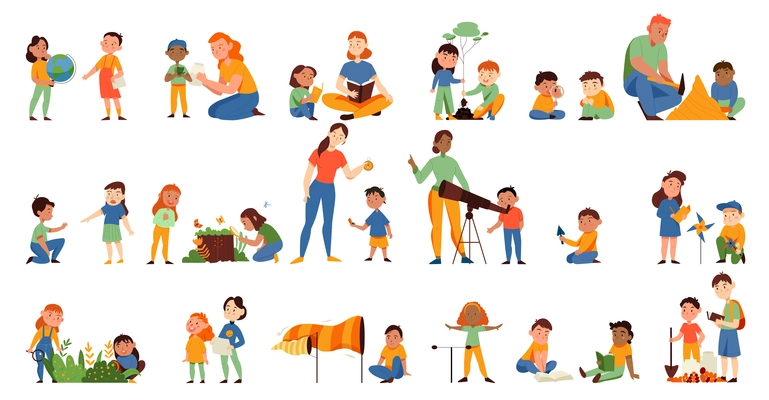 Nature study color set of isolated icons with characters of kids with teacher and learning materials vector illustration