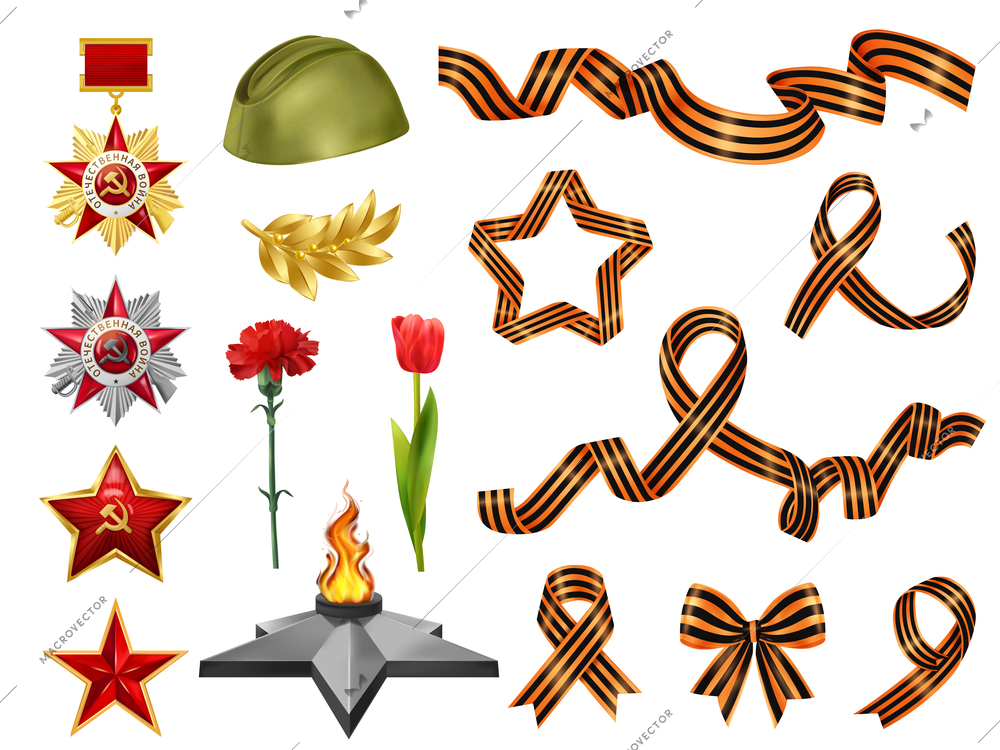 Set of isolated realistic victory day may 9 set with soviet military medals saint george ribbons vector illustration