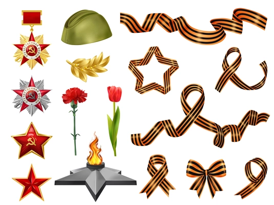 Set of isolated realistic victory day may 9 set with soviet military medals saint george ribbons vector illustration