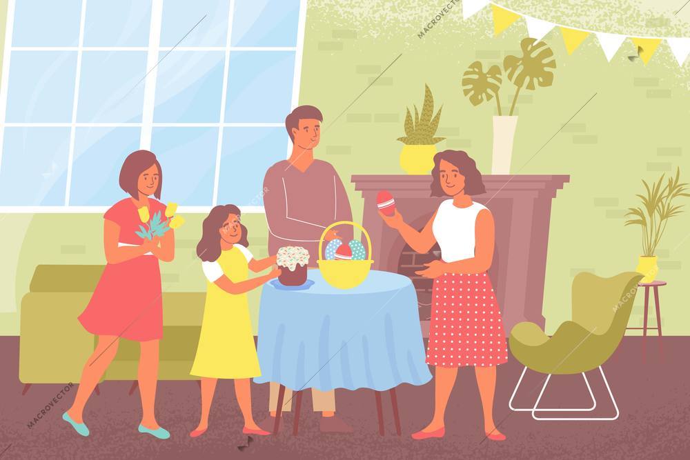 Happy easter flat composition with family in home interior and basket with eggs on table vector illustration