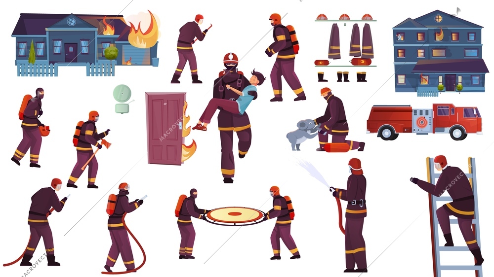 Firefighters set with flat isolated icons characters of firefighting crew members with vehicles tools and people vector illustration