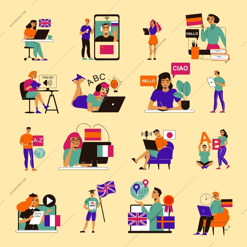 Language course color set of isolated doodle people with remote tutors on gadgets and desktop computers  vector illustration