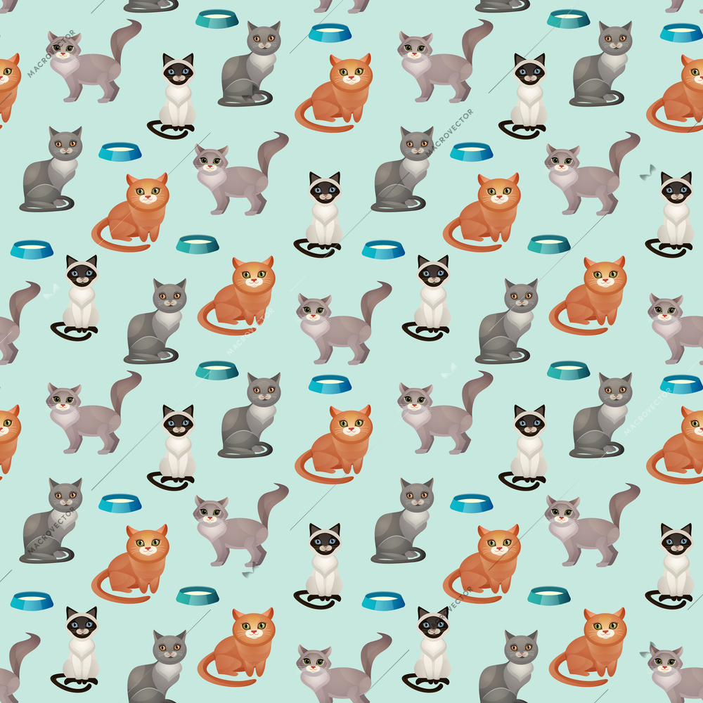 White grey and brown sitting cats with bowls seamless pattern vector illustration