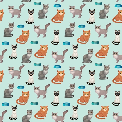 White grey and brown sitting cats with bowls seamless pattern vector illustration