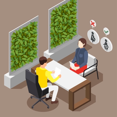 Discrimination isometric background with view of job interview and pregnant female candidate with  refusal to hire vector illustration