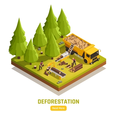 Sawmill isometric composition with people cutting down trees and sawing logs 3d isometric vector illustration