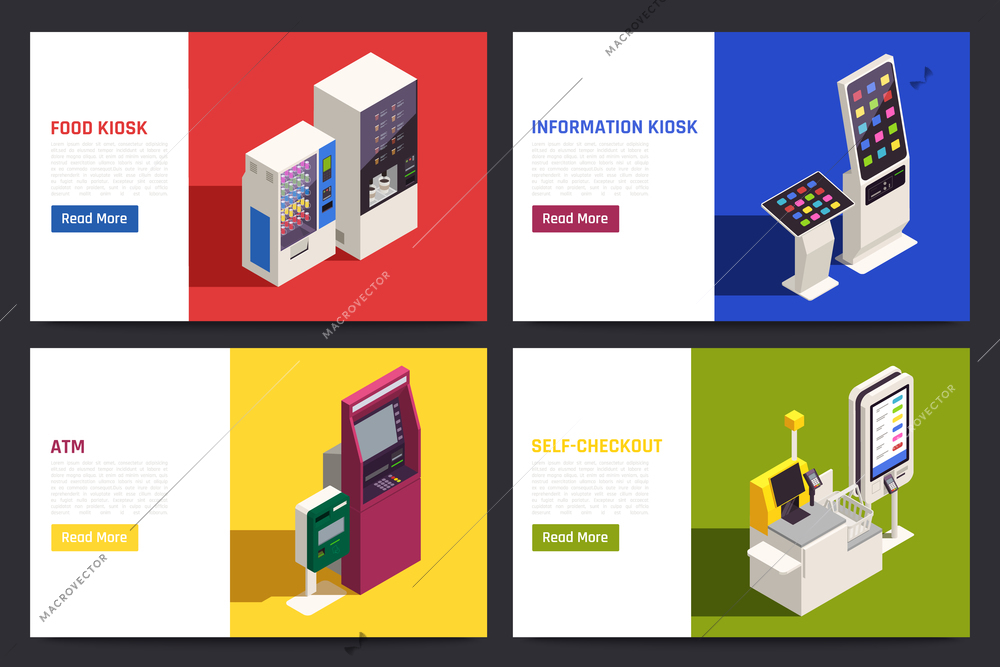 Isometric banners set with touch screen information food kiosk self checkout atm with interactive interface isolated 3d vector illustration