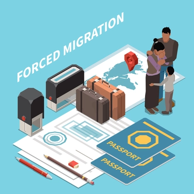 Population mobility migration displacement isometric composition with images of passports agreements with stamps people and text vector illustration