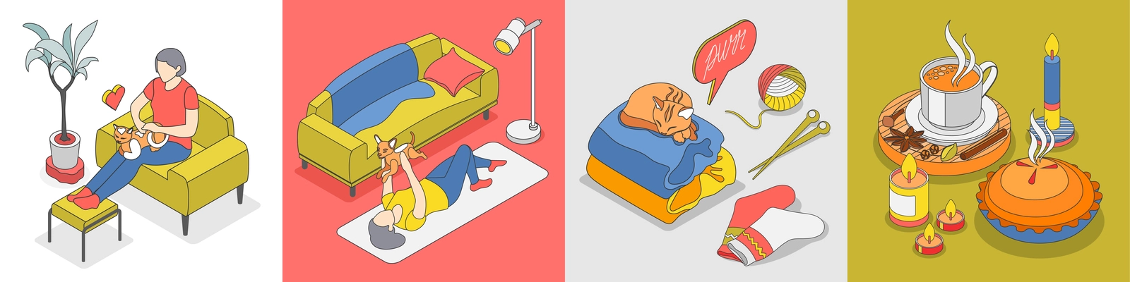 Hygge lifestyle isometric icon set rest with cat dog soft cozy clothes and warm drinks vector illustration