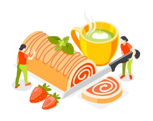 Bakery and people isometric concept with pastry and tea symbols vector illustration
