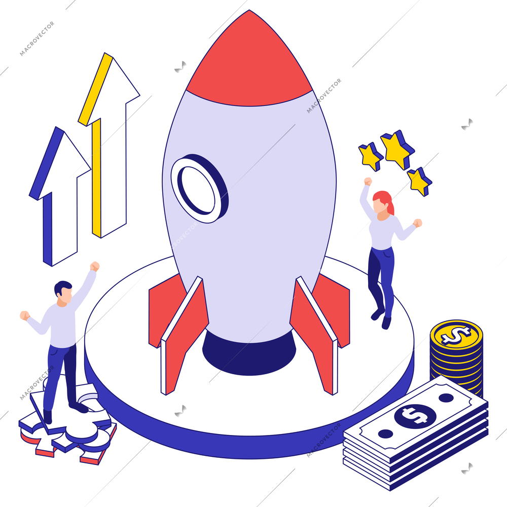 New business startup isometric colored composition with couple of young people working on spaceship launch 3d vector illustration